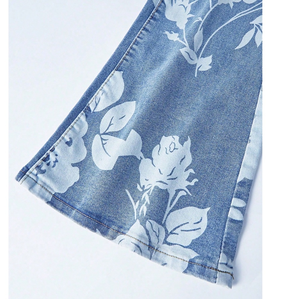 Vintage Style Floral Print Bell Bottom High Waist Denim Jeans - Picture 5 of 6